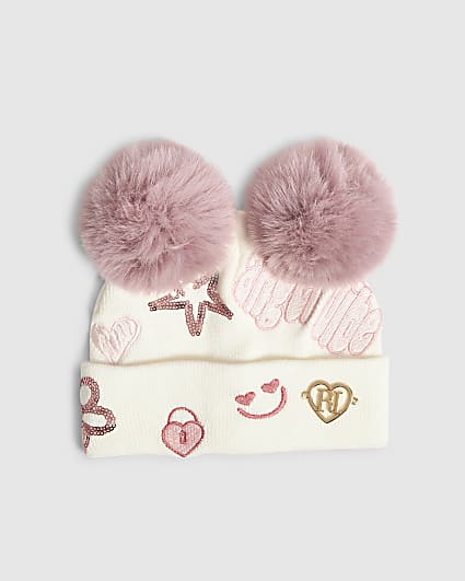 Mini Girls Cream Sequin Graffiti Beanie Hat
