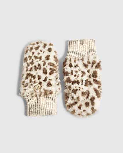 Girls Cream Snow Leopard Fur Mittens