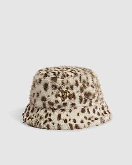 Girls Cream Snow Leopard Faux Fur Bucket Hat