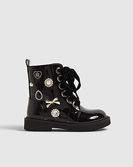 Mini Girls Black Jewel Trim Lace Up Boots