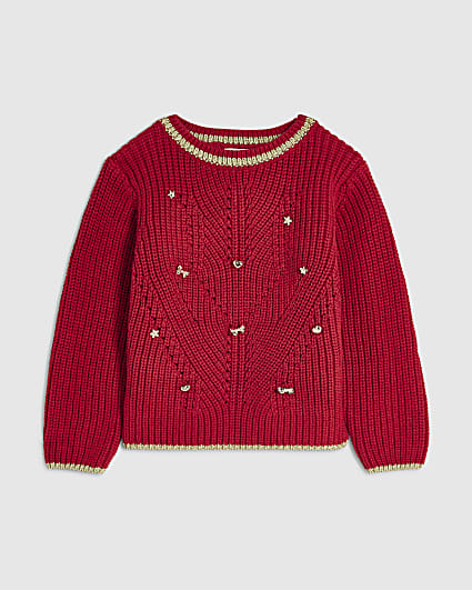 Mini Girls Red Chunky Knit Charm Jumper