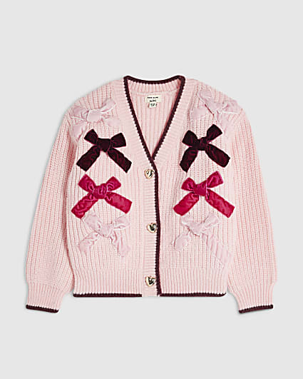 Mini Girls Pink Velvet Bow Cardigan
