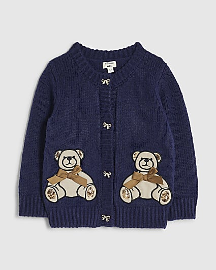 Mini Girls Navy Bear Cardigan