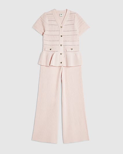 Girls Pink Knitted Wide Leg Trousers Set