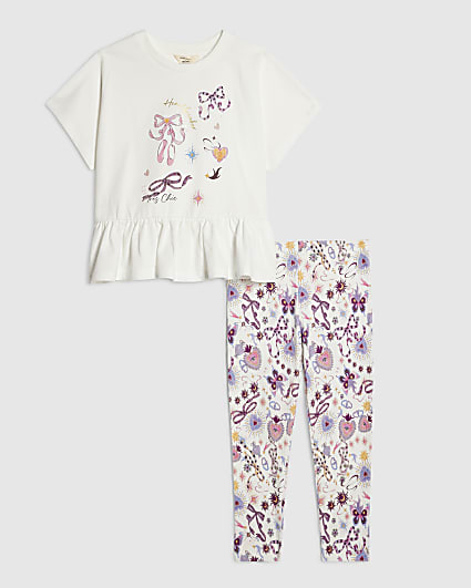Mini Girls Cream Bow Print Leggings Set