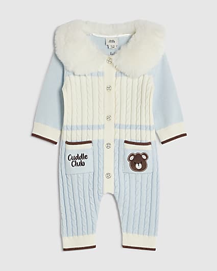 Baby Boys Blue Faux Fur Cable Knit All In One