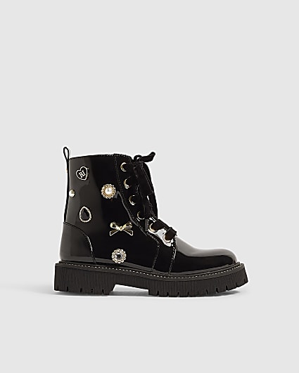 Girls Black Patent Jewel Trim Lace Up Boots