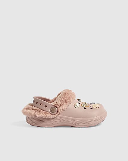 Girls Pink Faux Fur Lined Gem Clogs