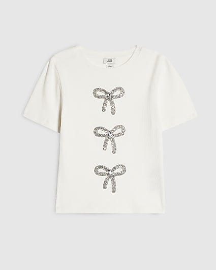 Girls Cream Bow Embellished T-Shirt