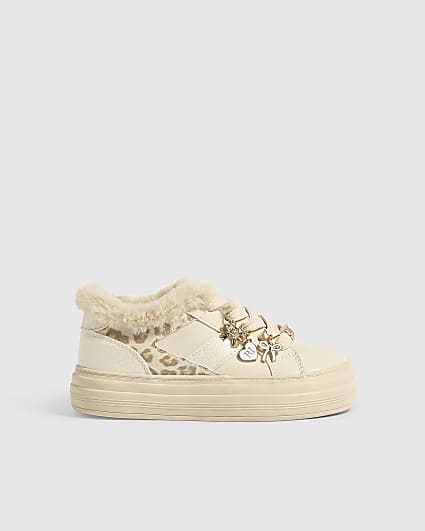 Girls Beige Charm Fur Lined Leopard Trainers