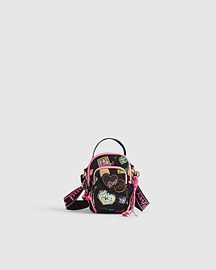 Girls Black Doodle Print Crossbody Bag