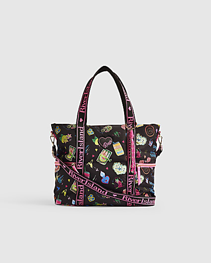 Girls Black Doodle Print Shopper Bag