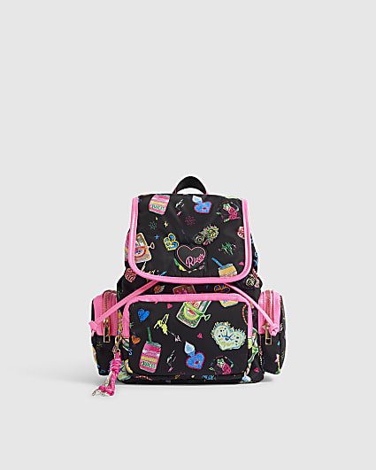 Girls Black Doodle Print Backpack With Charms