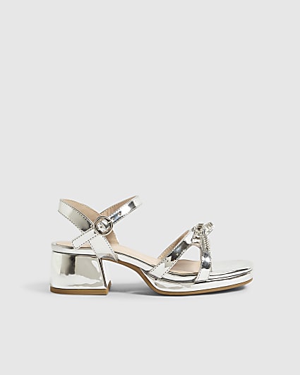 Girls Silver Diamante Heel Sandals