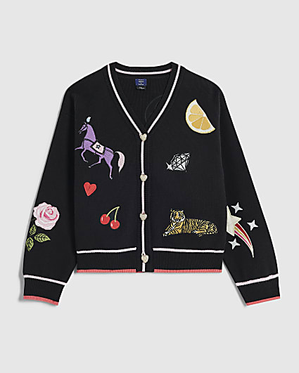 Girls Black Embroidered Icon Cardigan