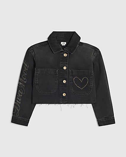Girls Black Embellished Iconic Vibes Jacket