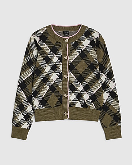 Girls Khaki Argyle Lace Cardigan