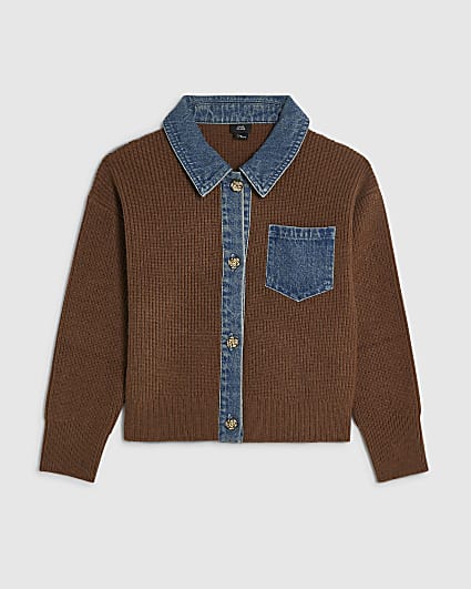 Girls Brown Denim Collar Cardigan