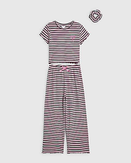 Girls Pink Stripe Short Sleeves Pyjamas Set