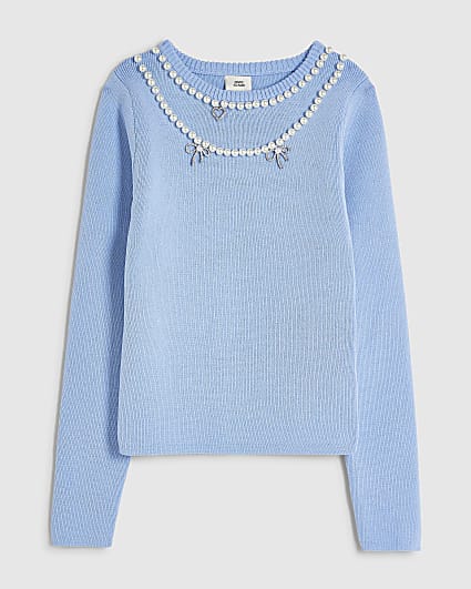 Girls Blue Knit Necklace Top
