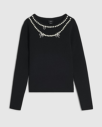 Girls Black Knit Necklace Embellished Top