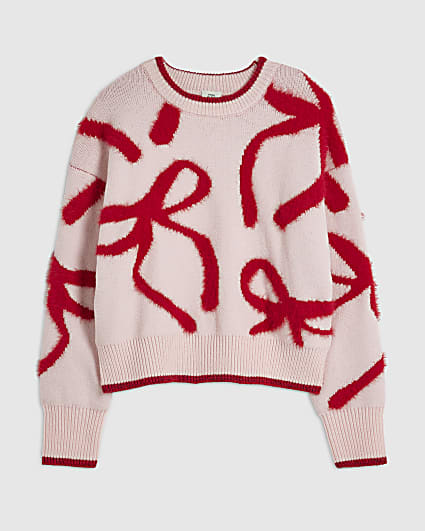 Girls Pink Fluffy Bow Jumper