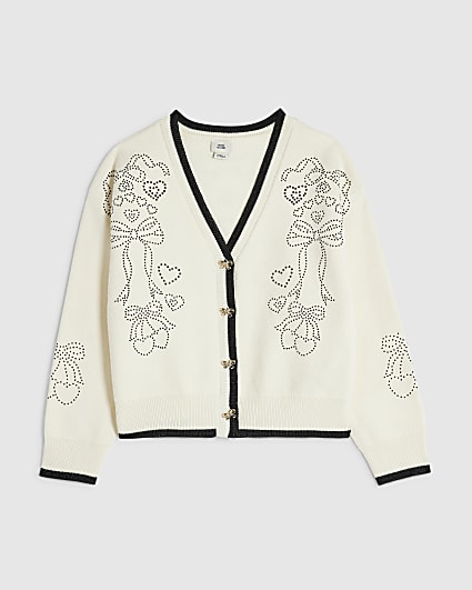 Girls Cream Diamante Bow Cardigan