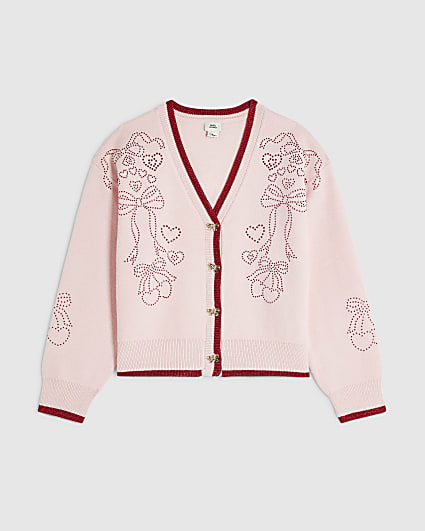 Girls Pink Diamante Bow Cardigan
