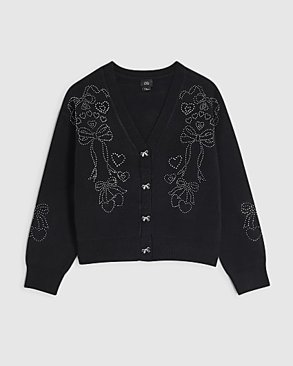 Girls Black Diamante Bow Cardigan
