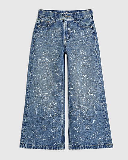 Girls Blue Cherry Embellished Wide Leg Jeans