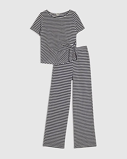 Girls Navy Short Sleeve Stripe Trousers Set