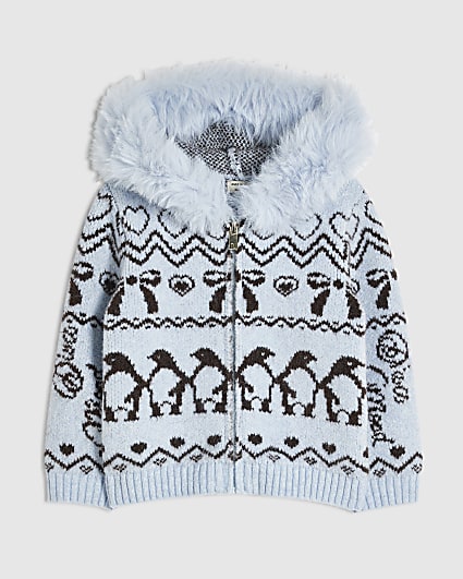 Mini Girls Blue Faux Fur Hooded Zip Cardigan