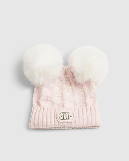 Baby Girls Pink Double Pom Beanie Hat