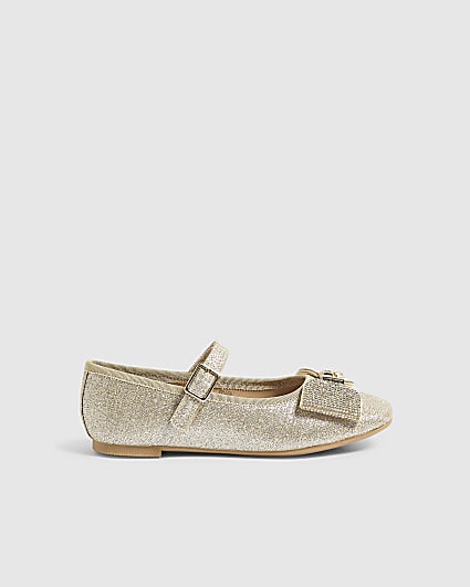 Girls Gold Glitter Bow Ballet Flats