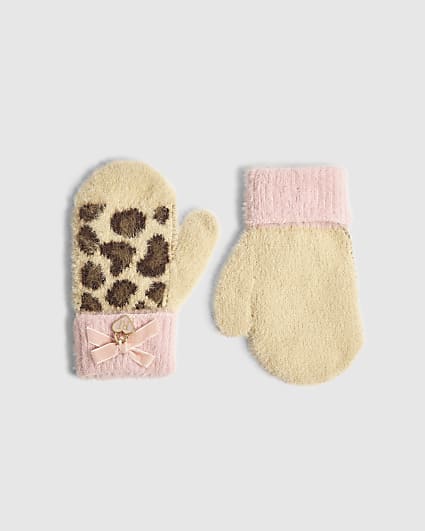 Mini Girls Brown Leopard Print Knit Gloves
