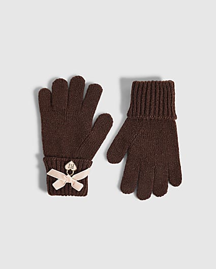 Girls Brown 3D Bow Knitted Gloves