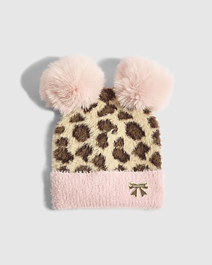 Mini Girls Brown Leopard Print Beanie Hat