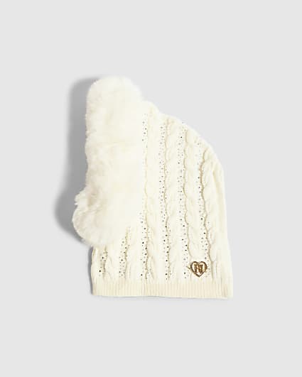 Girls Cream Faux Fur Diamante Hood