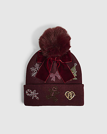 Girls Red Knit Diamante Christmas Beanie