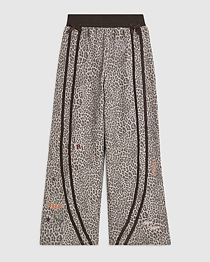 Girls Brown Leopard Wide Leg Joggers
