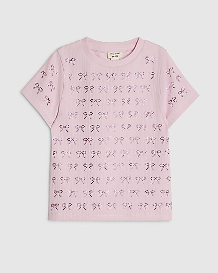 Mini Girls Pink Embellished Bow Print T-Shirt