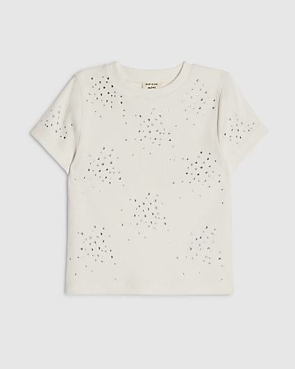 Mini Girls Cream Embellished Scatter T-Shirt