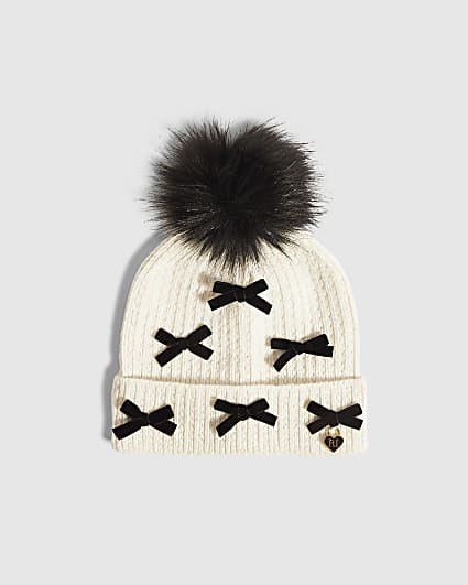 Girls Cream 3D Bow Beanie
