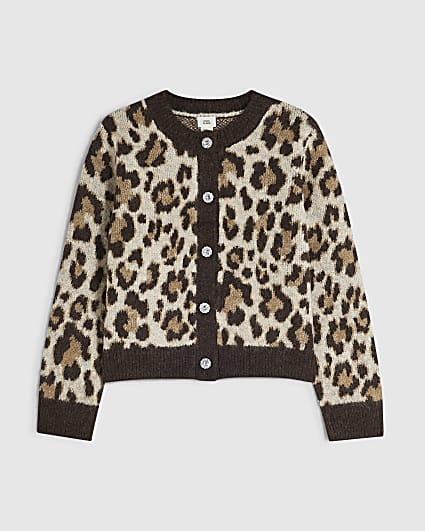 Girls Brown Leopard Print Cardigan