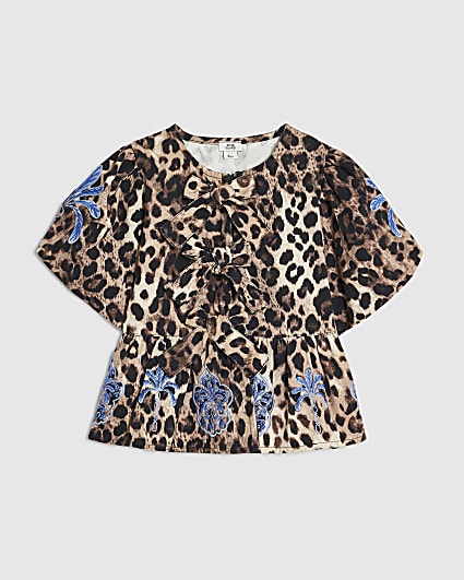 Girls Brown Leopard Print Embroidered Top