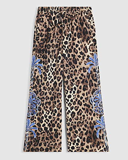 Girls Brown Leopard Print Embroidery Trousers