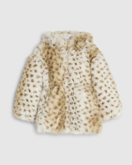 Mini Girls Cream Deer Cinched Faux Fur Coat