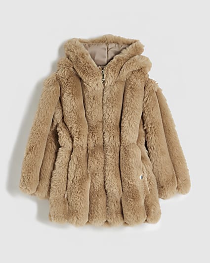 Mini Girls Beige Cinched Faux Fur Coat