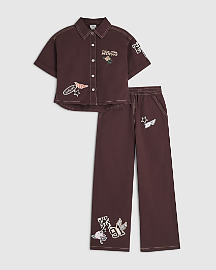 Girls Burgundy Badges Shirt and Trousers Set