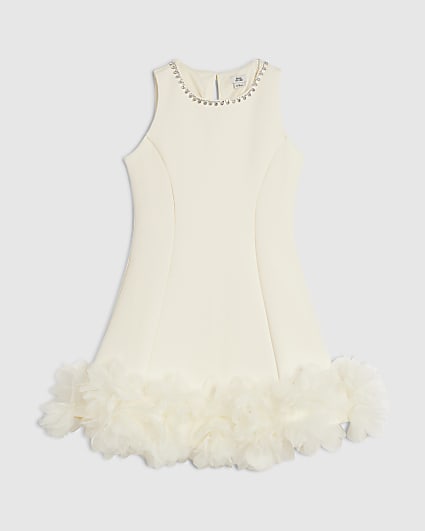 Girls Cream Floral Tulle Diamante Dress